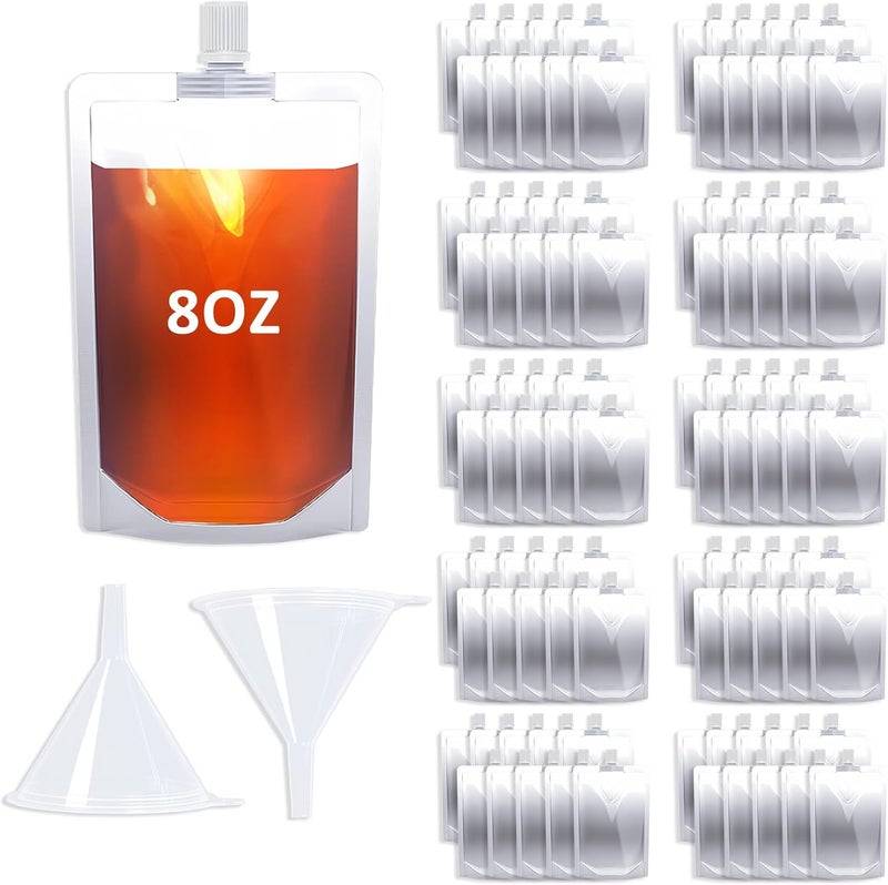 Cloudslucky 8OZ 100PCS Drink Pouches,Reusable Plastic Flask with Funnel for Drinking Liquid Beverage Juice,Stand Up Drink Bags for Travel Camping Outdoor Sport Concert Events,Leak-Proof Food Grade - Image 1